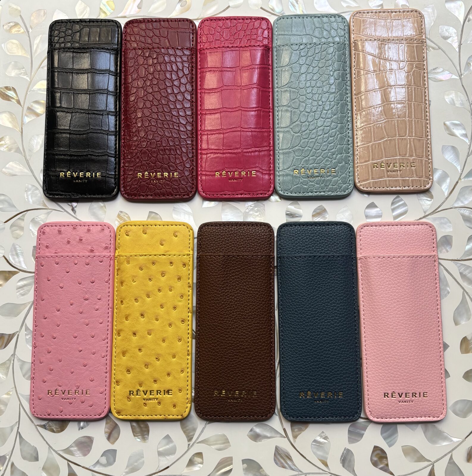 Rêverie Vanity lip liner case collection in croc, ostrich and Togo textures